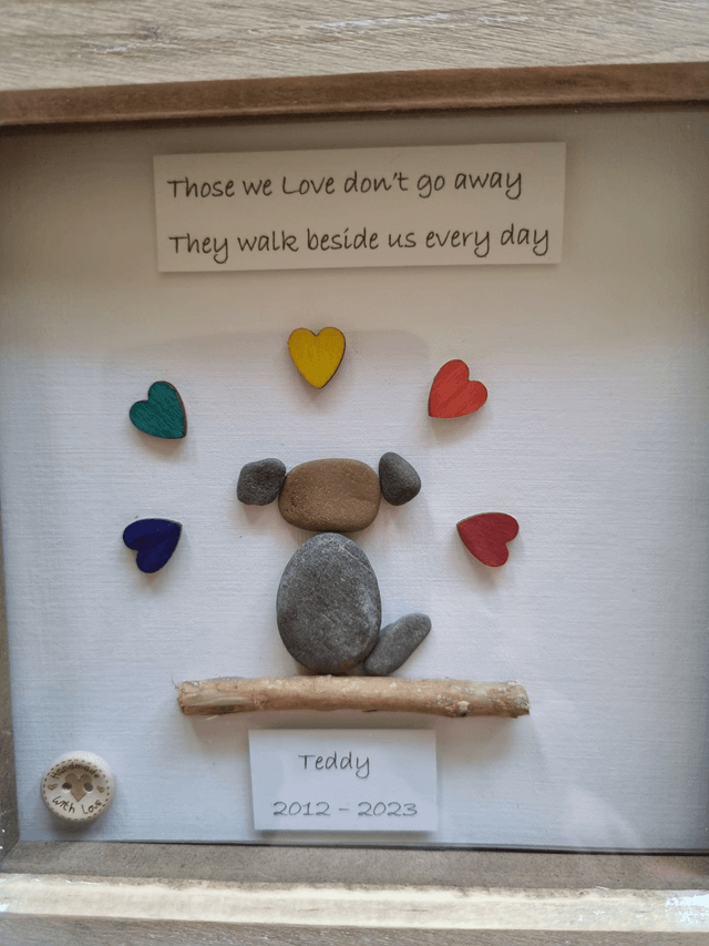 Irish, Hand Crafted, Personalised, Pebble Art Dog Remembrance Picture. Different Caption can be Chosen.