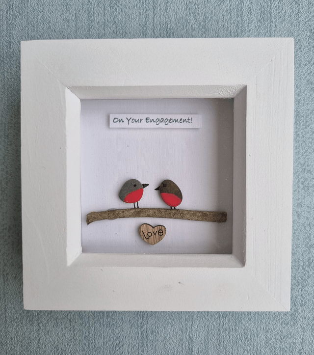 Irish, Handcrafted, Personalised, Pebble Art Picture with Robins 'On your Engagement'