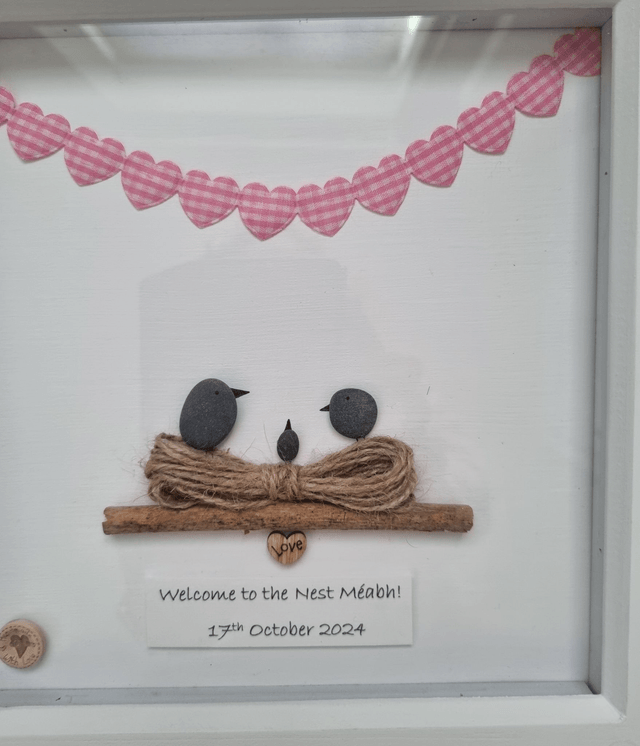 Irish, Hand Crafted, Personalised, Pebble Art New Baby Picture 
