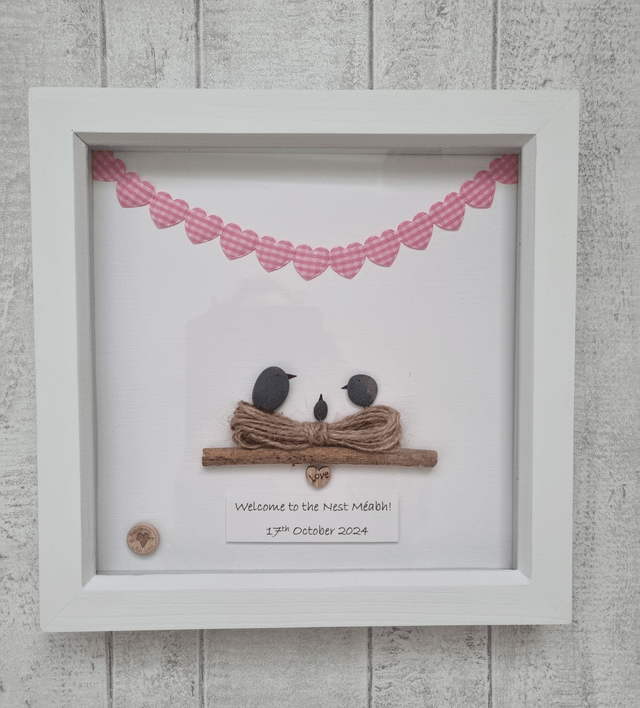 Irish, Hand Crafted, Personalised, Pebble Art New Baby Picture 
