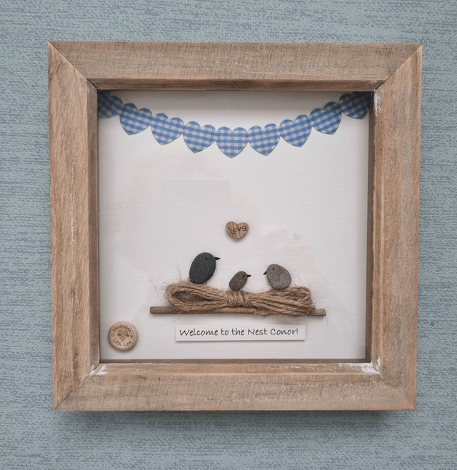 Luxury Baby Gift Box (Blue) Medium Size includes Personalised Pebble Art Picture