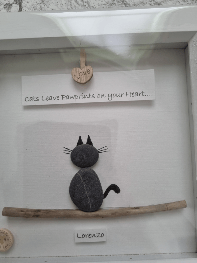 Irish, Hand Crafted, Personalised,  Pet Cat Pebble Art Picture with Caption