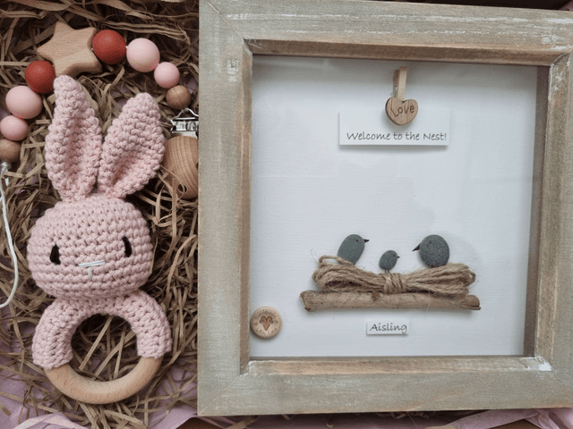 Luxury Baby Gift Box (Pink)- Medium Size includes Personalised Pebble Art Picture
