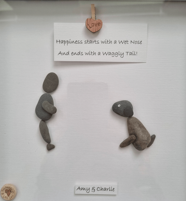 Irish, Handcrafted, Personalised & Customised Pebble Art Pet Dog - 'Owner & Dog' Choose your Preferred Caption!
