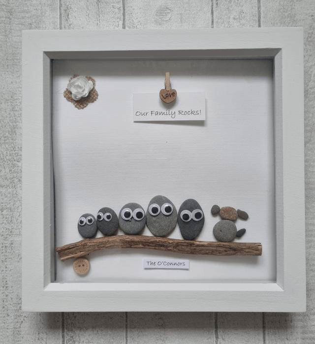 Irish Hand Crafted, Personalised Pebble Art 'Our Family Rocks!' with Dog
